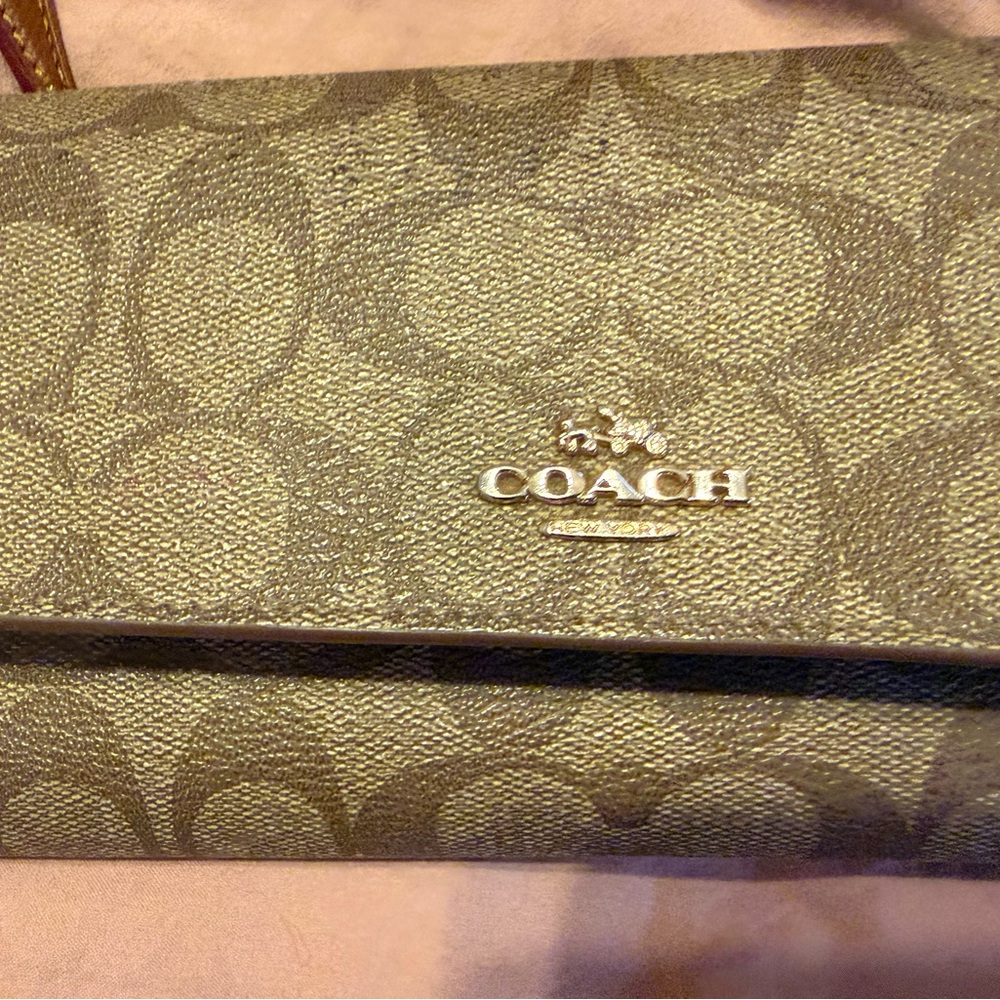 Coach Signature Fold-Over Wallet in Brown with Gold Logo